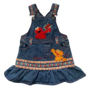 Vintage Sesame Street Elmo & Zoe Denim Jumper Dress With Floral Accents.
